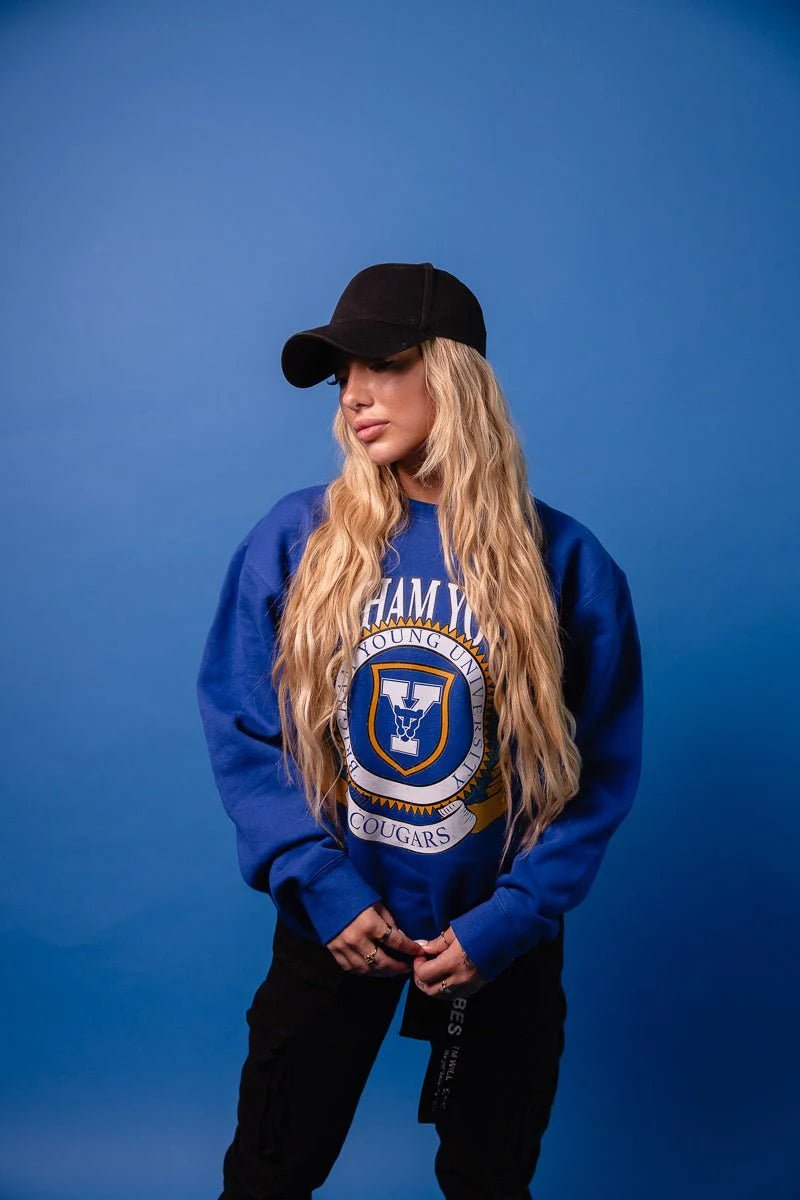 BYU Royal Blue Vintage Block Cougar Crewneck - Unisex